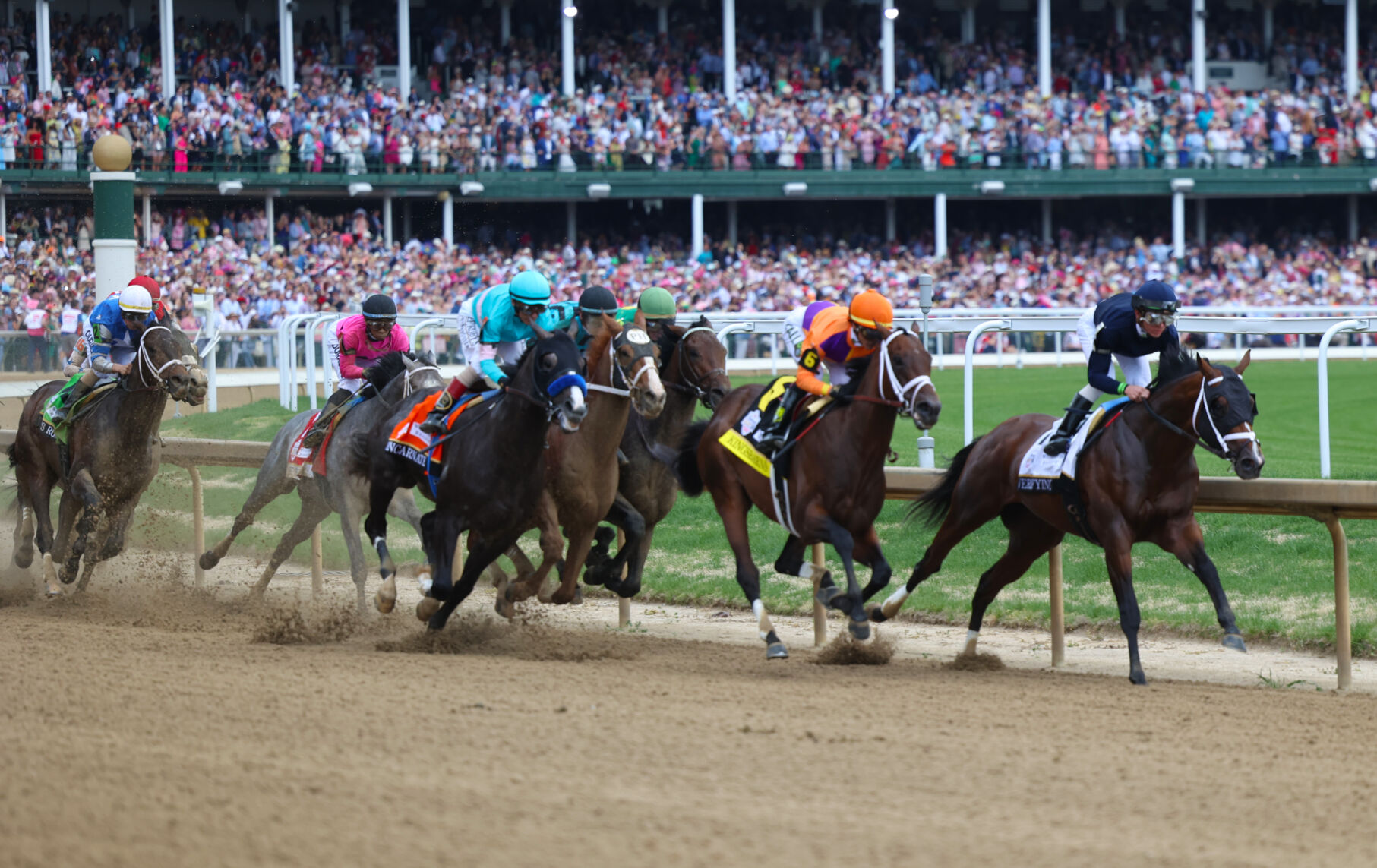Horses race at 2023 Kentucky Derby first stretch.JPG